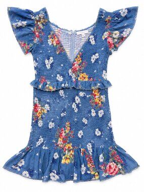 LoveShackFancy Blue Floral Smocked Mini Dress Ruffle Sleeve  Size S